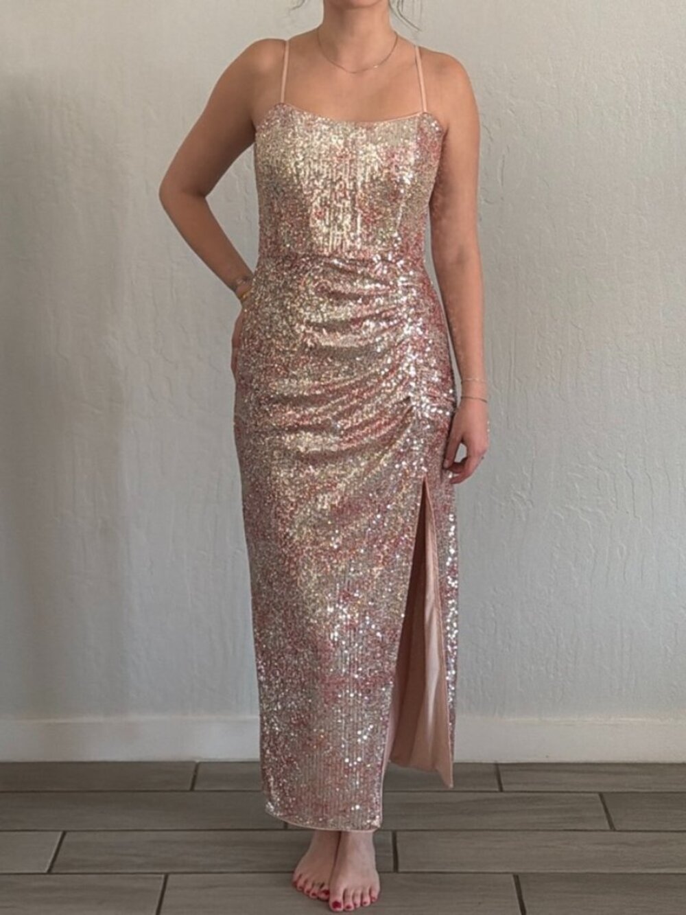 Saylor Gold sequin maxi dress with side slit
